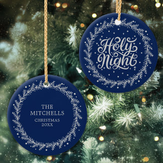 Holy Night Blue Zilveren Script Elegante Keepsake Keramisch Ornament