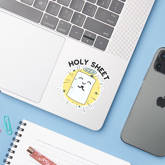 Holy Sheet Funny Halo Paper Pun Sticker (Laptop met iPhone)