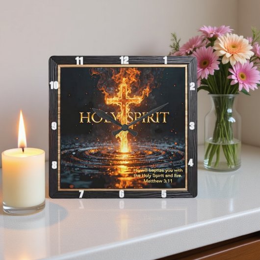 Holy Spirit Fire Cross Water Glowing Matthew 3:11 Vierkante Klok