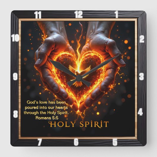 Holy Spirit Hands Flaming Heart Devotion Romans 5 Vierkante Klok (Voorkant)