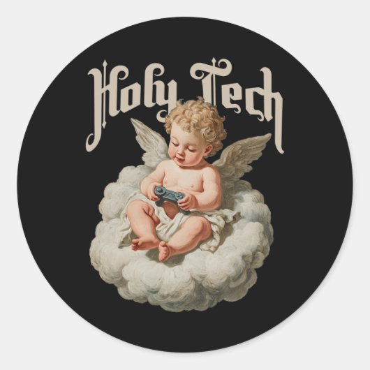 Holy Tech Gamer Angel Funny Cherob Ba  Ronde Sticker (Voorkant)