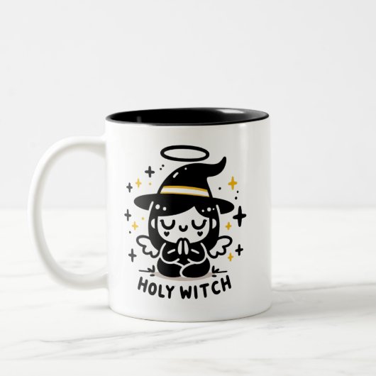 Holy Witch Praying Angel Halloween Mug | Two-Sided Tweekleurige Koffiemok (Links)
