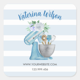 Home Bakery Blue Flower Mixer Vierkante Sticker