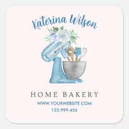 Home Bakery Blue Flower Mixer Vierkante Sticker