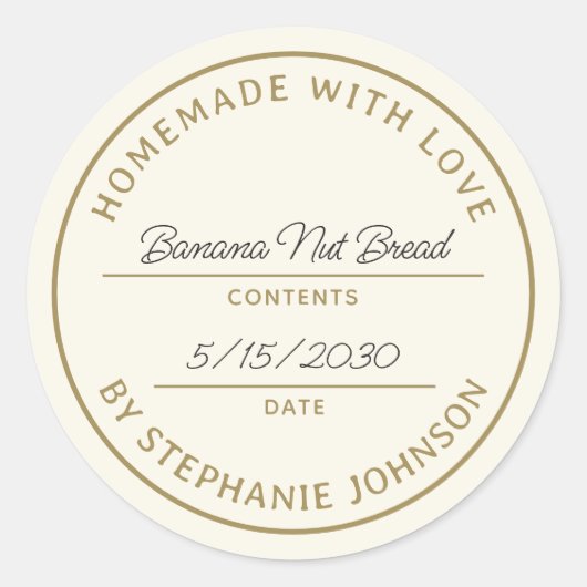 Home Bakken Productnaam Datum Gouden Cream Ronde Sticker (Voorkant)