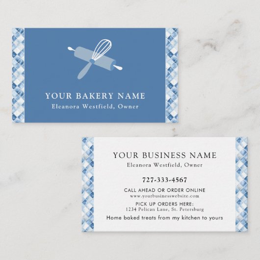 Home Bakkerij Stoffig Blauw Check Patroon Visitekaartje (Voorkant / Achterkant)