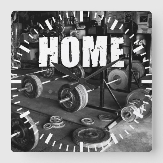 HOME (Barbells) - Workout Motivatie Vierkante Klok (Voorkant)