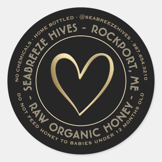 Home Bottled Organic Honey Label met Gold Heart (Voorkant)