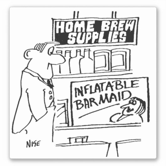 Home Brew Biedt opblaasbare Barmaïde Cartoon. Sticker (Voorkant)
