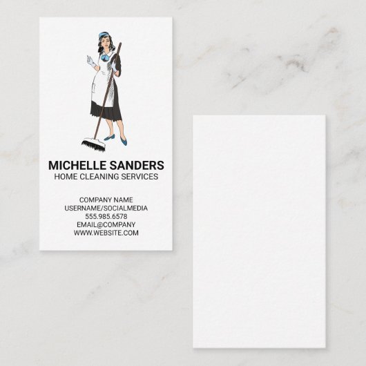 Home Cleaning Services | House Maid with Broom Visitekaartje (Voorkant / Achterkant)
