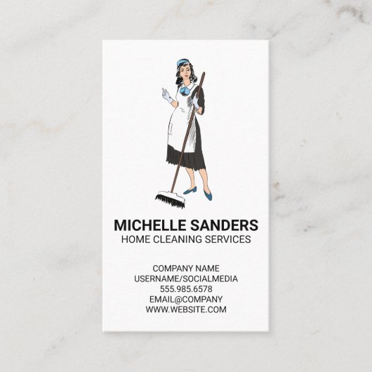 Home Cleaning Services | House Maid with Broom Visitekaartje (Voorkant)