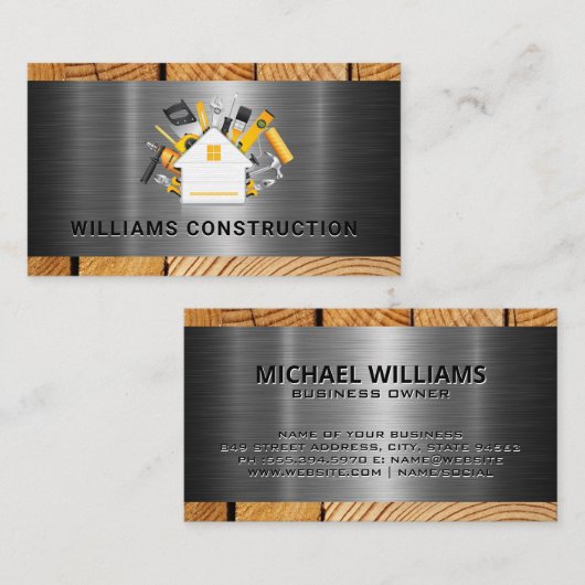 Home Construction Tools Logo | Metaal en hout Visitekaartje (Voorkant / Achterkant)