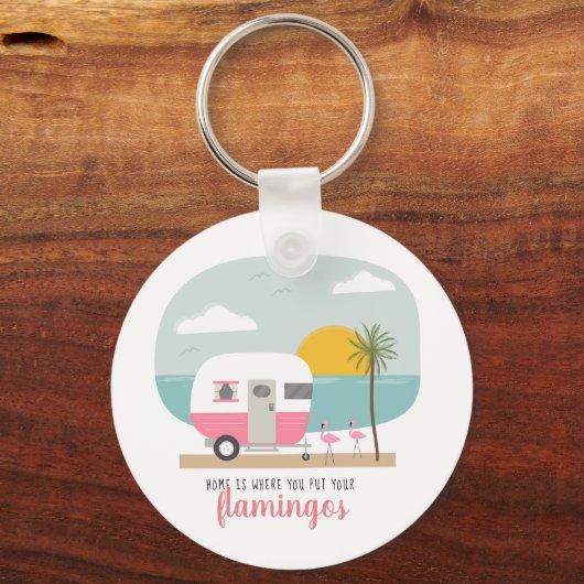 Home Flamingos Pink Camper Beach Sleutelhanger (Voorkant)