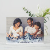 Home for the Holidays Navy Modern Script Photo Feestdagenkaart (Staand voorkant)