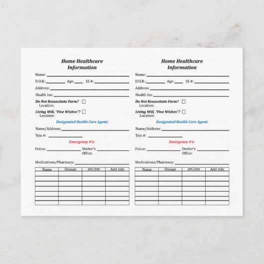 Home Health ID Info Cards Briefkaart (Voorkant)