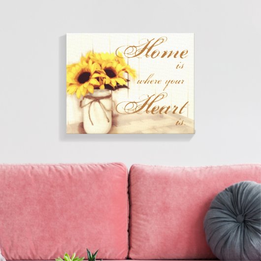 Home is waar Zonnebloem Mason Jar gewikkeld canvas (Insitu (Woonkamer))