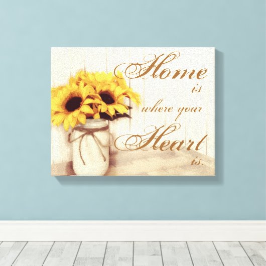Home is waar Zonnebloem Mason Jar gewikkeld canvas (Insitu (Houten vloer))