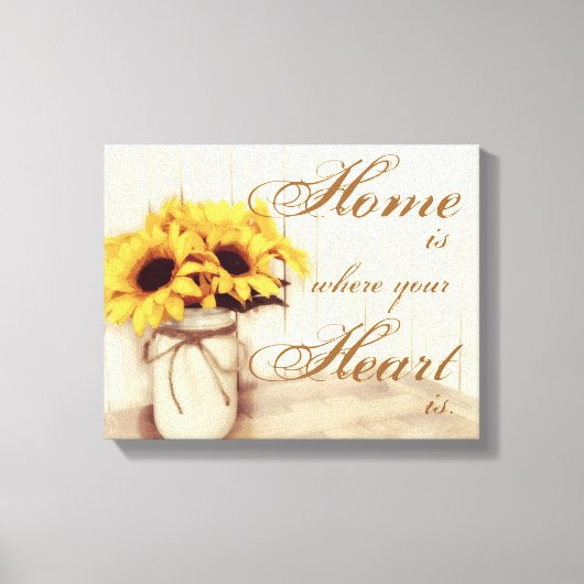 Home is waar Zonnebloem Mason Jar gewikkeld canvas (Voorkant)