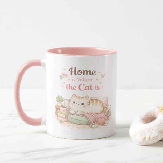 Home is Where The Cat Is Cute Kitty Coffee Pink Mok (Met donut)