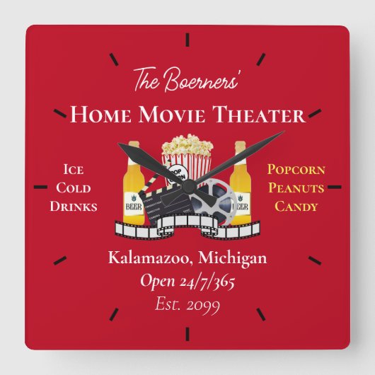Home Movie Theater Popcorn Clapperboard Film Vierkante Klok (Voorkant)