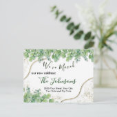 Home Moving Announcement Gold Greenery Eucalyptus Briefkaart (Staand voorkant)