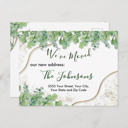 Home Moving Announcement Gold Greenery Eucalyptus Briefkaart (Voorkant / Achterkant)
