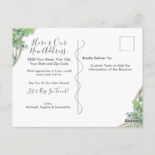 Home Moving Announcement Gold Greenery Eucalyptus Briefkaart (Achterkant)