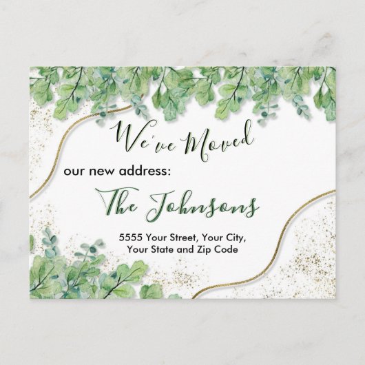 Home Moving Announcement Gold Greenery Eucalyptus Briefkaart (Voorkant)