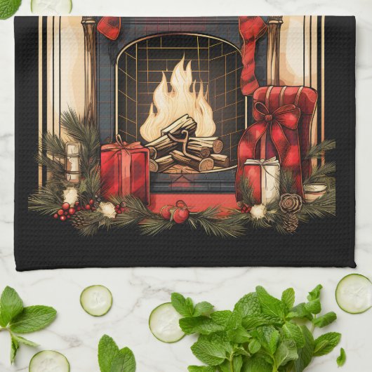 Home Open haard Pine Boughs Rode Bogen Theedoek (Gevouwen)