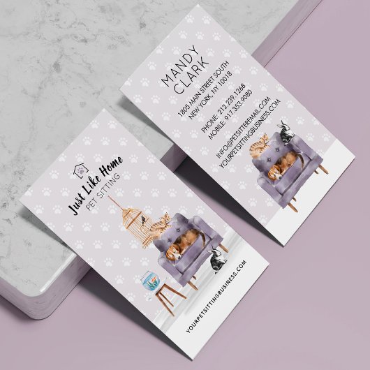 Home Pet Sitting Dog & Cat Sleeping on Mauve Sofa Visitekaartje