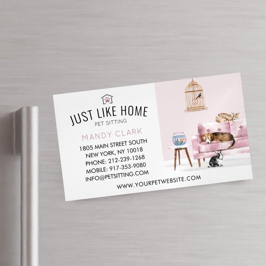 Home Pet Sitting Waterverf Cozy Home Pink Couche Magnetisch Visitekaartje