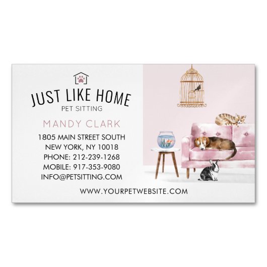 Home Pet Sitting Waterverf Cozy Home Pink Couche Magnetisch Visitekaartje (Voorkant)