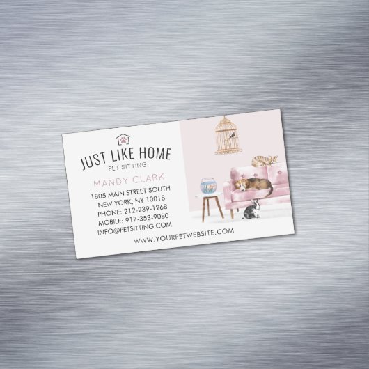 Home Pet Sitting Waterverf Cozy Home Pink Couche Magnetisch Visitekaartje (Voorbeeld)