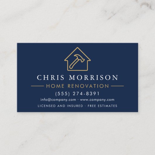 Home Renovatie Reparatie Marine Blauw Goud QR Code Visitekaartje (Voorkant)