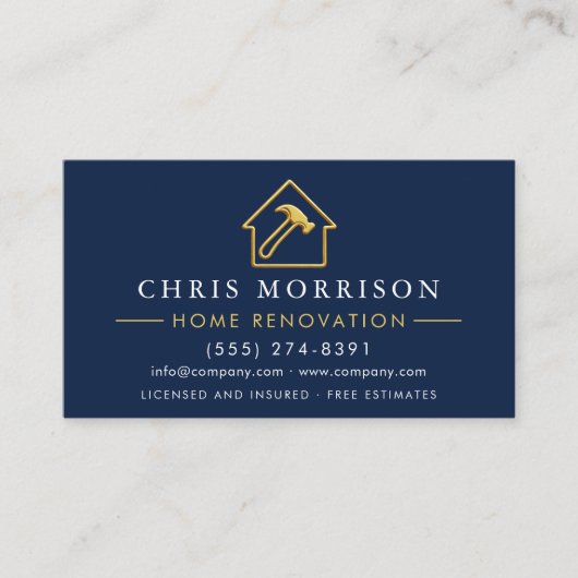 Home Renovation Metallic Navy Blue Gold QR Code Visitekaartje (Voorkant)