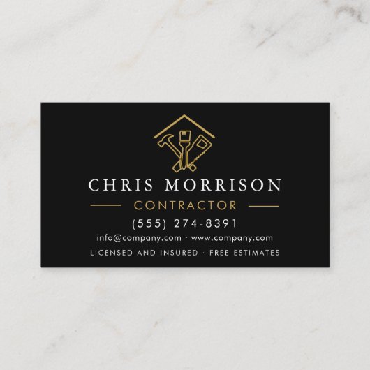 Home Repairs Contractor Black Gold QR Code Visitekaartje (Voorkant)