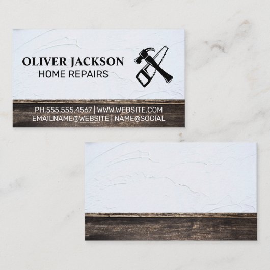 Home Reparatie | Hamer en Zaag | Verpakt hout Visitekaartje (Voorkant / Achterkant)