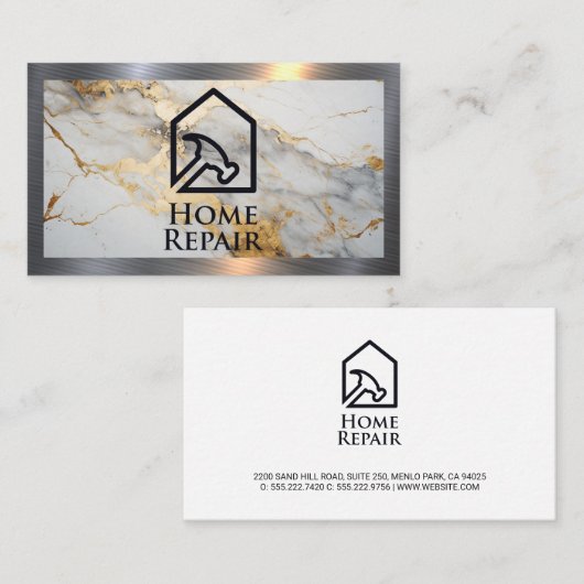 Home Reparatie Hammer Logo | Marmeren metalen rand Visitekaartje (Voorkant / Achterkant)