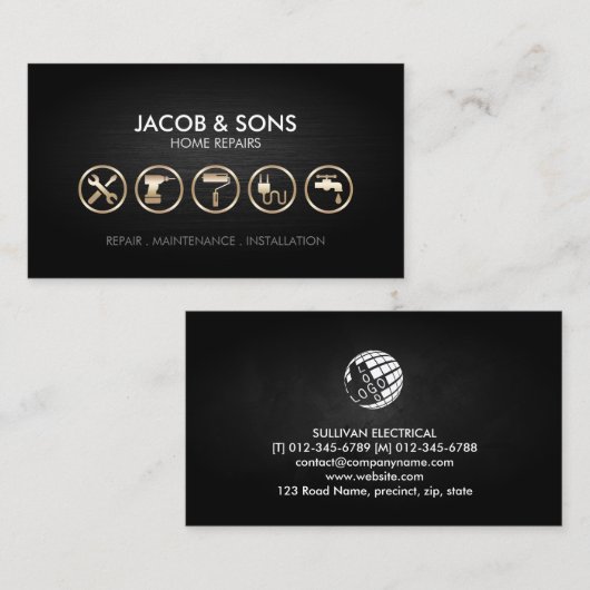 Home Reparaties Gouden Pictogrammen Metalen Grunge Visitekaartje (Voorkant / Achterkant)