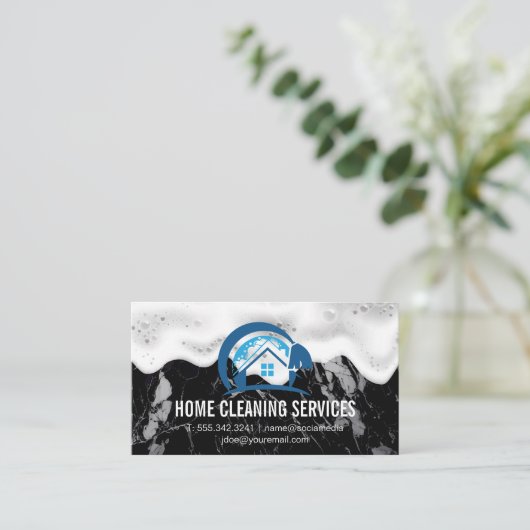 Home Schoonmaak Logo | zeepschuim | zwart marmer Visitekaartje (Staand voorkant)