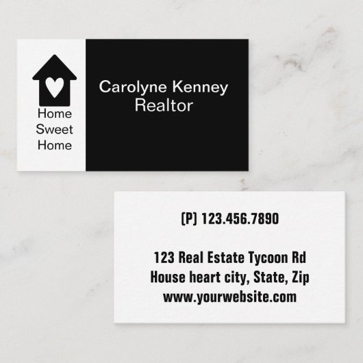 Home Sweet Heart Realtor Eenvoudig Zwart Wit Visitekaartje (Voorkant / Achterkant)