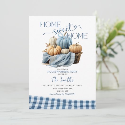 Home Sweet Home Blauw Gingham Pompoen Huishouden Kaart (Staand voorkant)