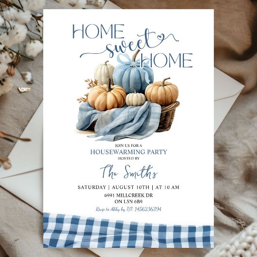 Home Sweet Home Blauw Gingham Pompoen Huishouden Kaart