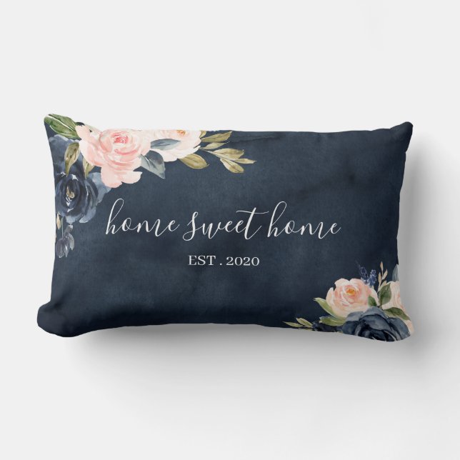 Home Sweet Home Bloemen Waterverf Navy Pillow Kussen (Voorkant)