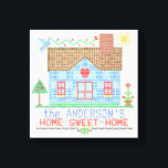 Home Sweet Home Cross-titrice House Gepersonalisee Canvas Afdruk<br><div class="desc">Dit gepersonaliseerde landhuisontwerp is gemaakt om te lijken op een kruissteek borduurborduurmonsternemer. Het show een blauw huis gemaakt van "x" met een vogel, de zon en veel harten en bloemen in dezelfde stijl. De achtergrond is beige met een klein controlepatroon om als borduurmateriaal te kijken. Om zich te personaliseren, typ...</div>