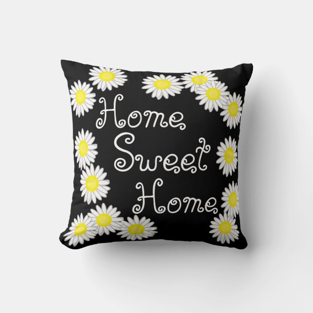Home Sweet Home Daisy Black White en Yellow Kussen (Voorkant)