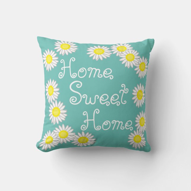 Home Sweet Home Daisy Blauwgroen Green White en Ye Kussen (Voorkant)
