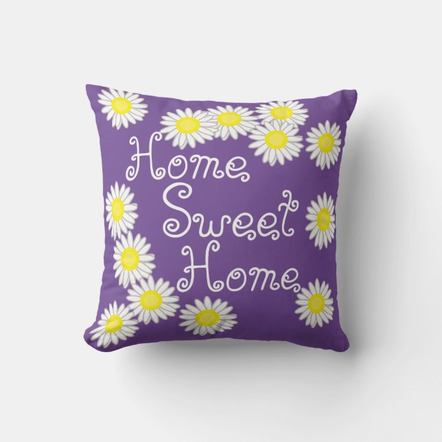 Home Sweet Home Daisy Paarse Wit en Geel Kussen (Voorkant)