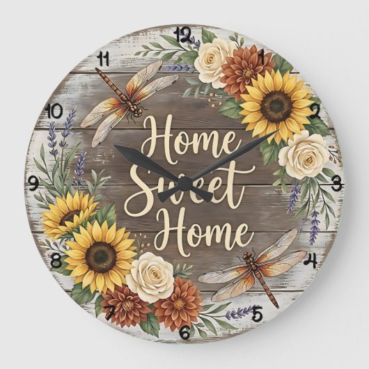Home Sweet Home Dragonfly Floral Grote Klok (Voorkant)