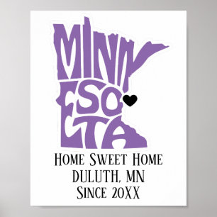 Home Sweet Home Duluth, MN Paarse staatskaart Poster